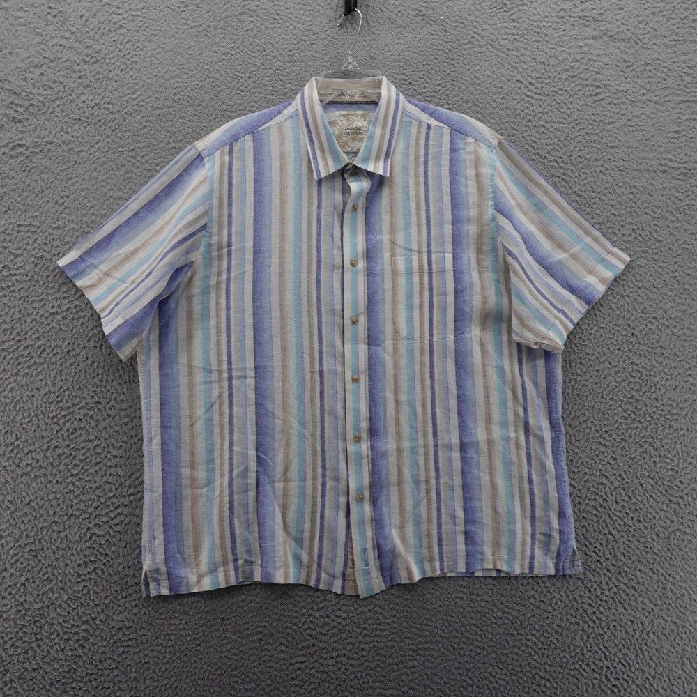 Tasso Elba Island Linen Blend Button Down Shirt XXL Blue Stripe Men Casual Beach